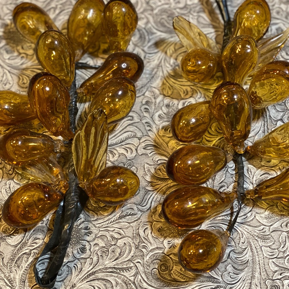 VINTAGE GLASS GRAPES | Set if 2 amber gold hand blown fall decor